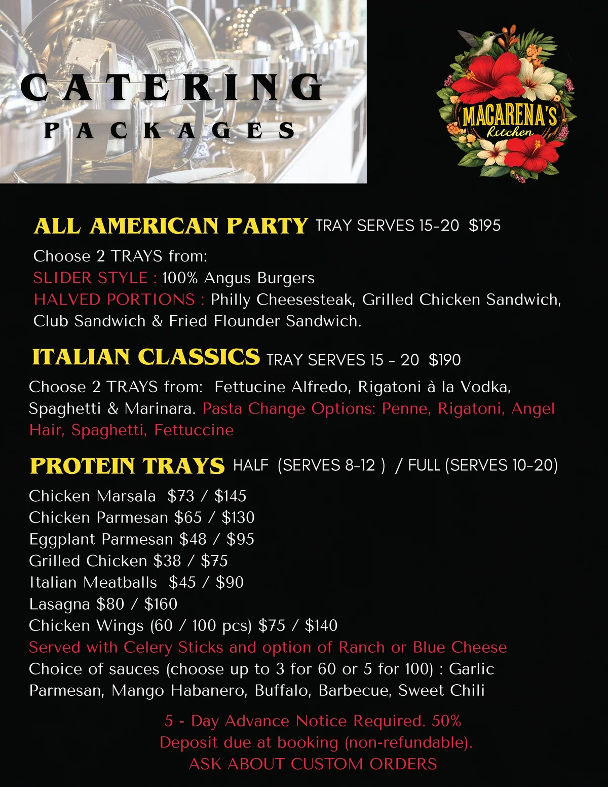 Macarena's Kitchen Catering Packages — All American Party, Italian Classics, Protein Trays