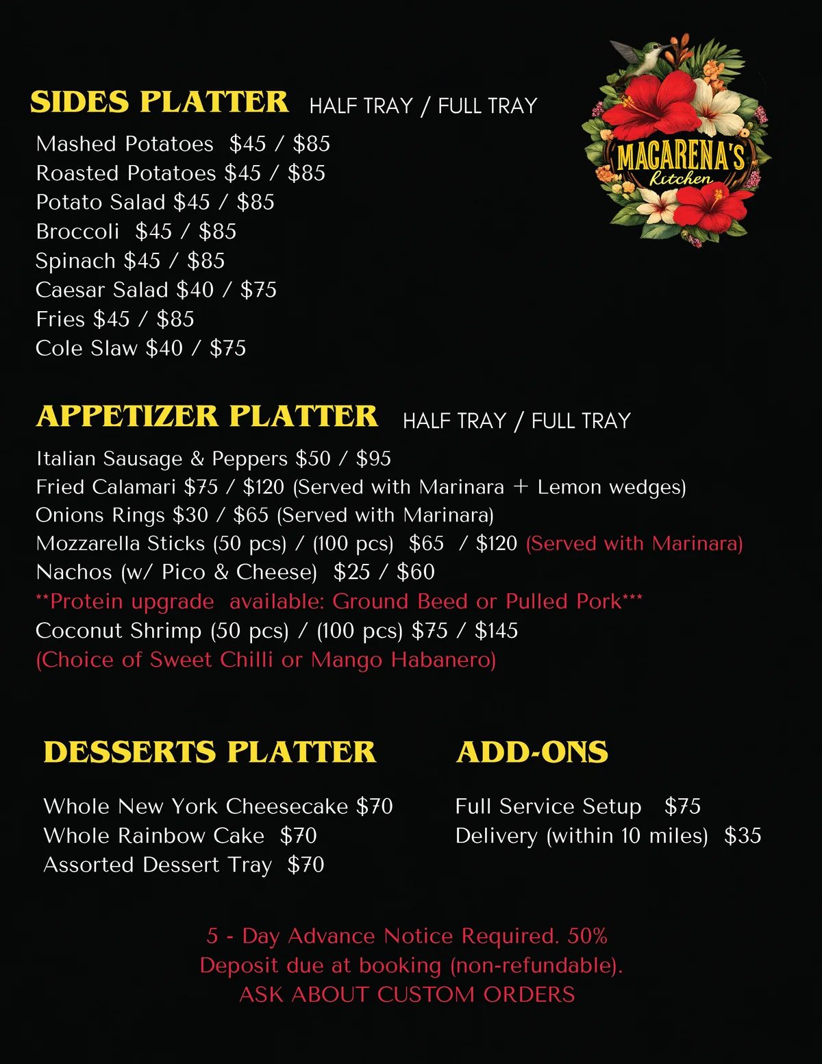 Macarena's Kitchen Catering — Sides Platter, Appetizer Platter, Desserts, Add-Ons