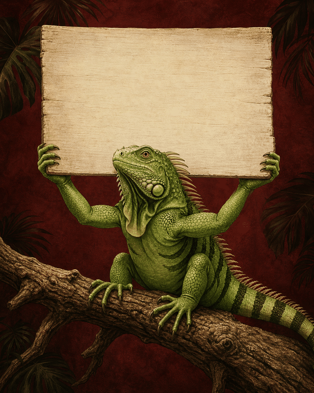 A green iguana perched on a tree branch and holding a wooden sign
