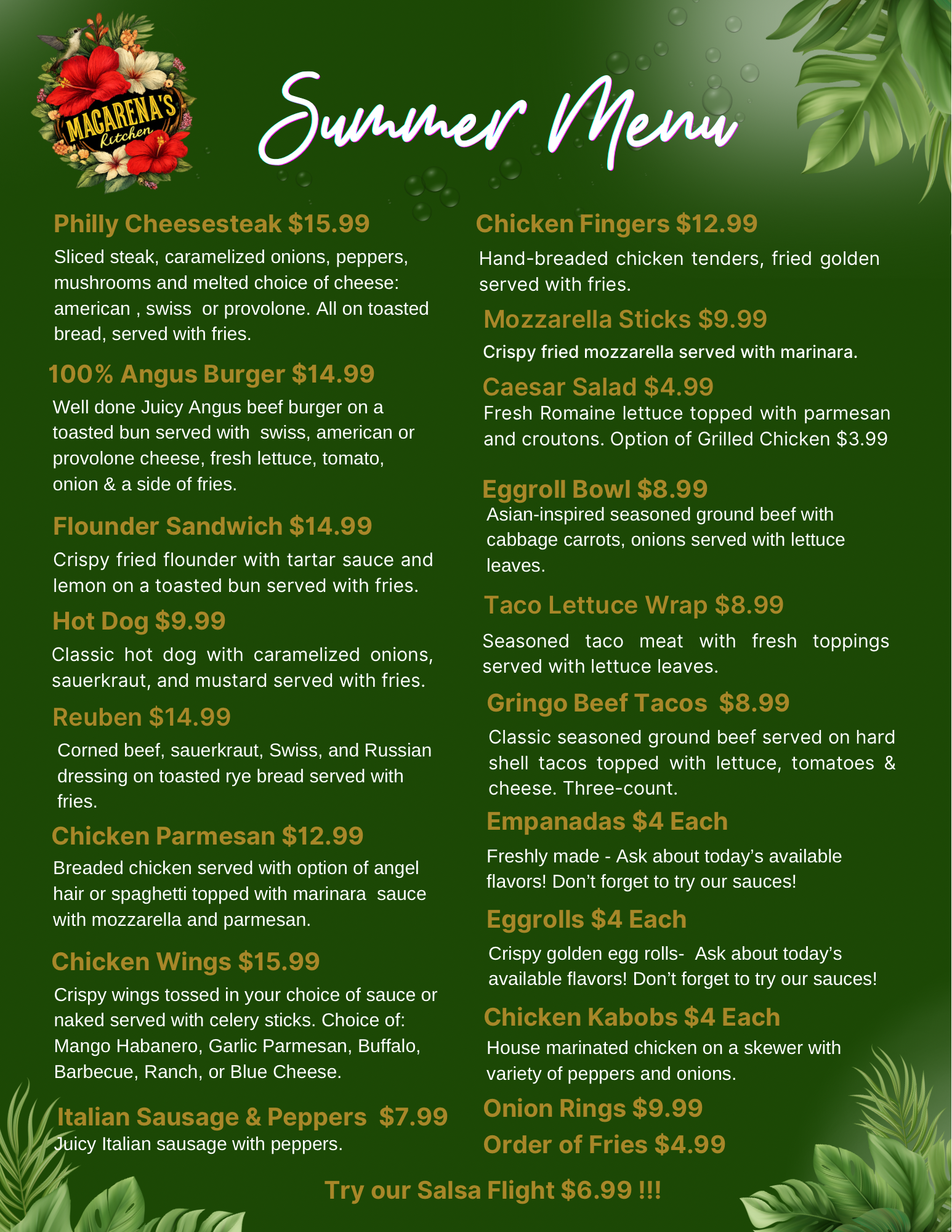Macarena's Kitchen Summer Menu — Philly Cheesesteak, Angus Burger, Reuben, Wings, Chicken Parmesan, Tacos, and more