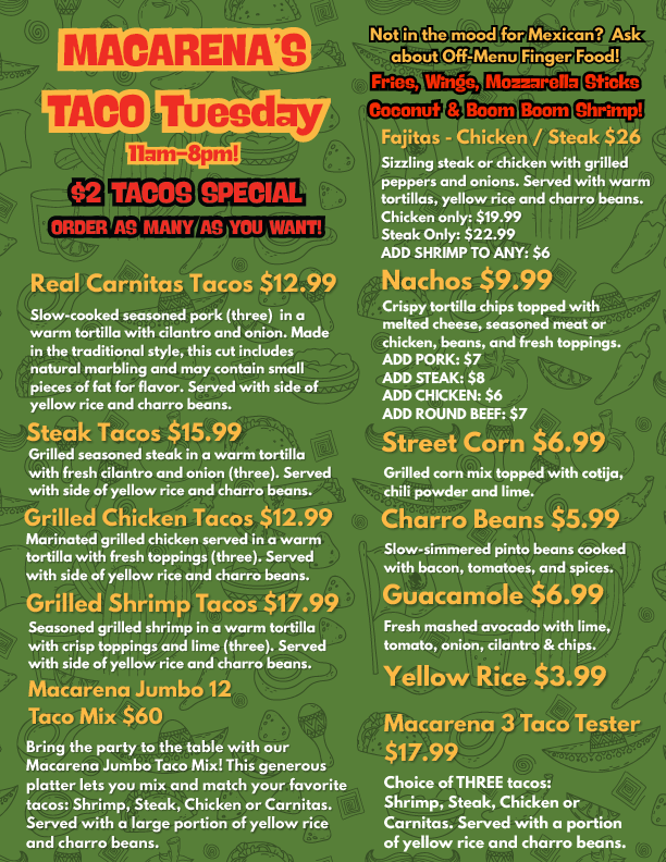 Taco Tuesday at Macarena's Kitchen — Every Tuesday 11AM-8PM